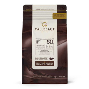 Callebaut 811 Dark Callets 54.5% 1kg bag of Belgian couverture chocolate drops for baking, melting, and dessert making.