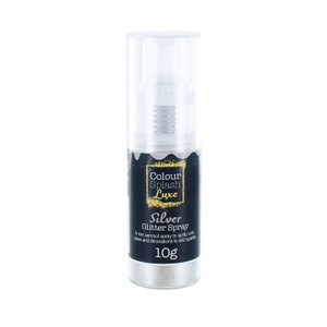 Colour Splash Luxe Glitter Silver Spray 10g. Edible silver glitter spray for cakes, cupcakes, and desserts with easy pump design and sparkling metallic finish. Colour Splash Luxe Glitter Silver Spray 10g. Edible silver glitter spray for cakes, cupcakes, and desserts with easy pump design and sparkling metallic finish.