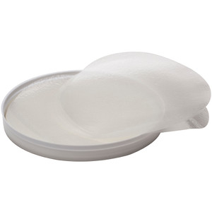 Stack of round, translucent edible Obulato sheets (9cm diameter) in a white container, used in modern gastronomy to wrap or contain food elements. Stack of round, translucent edible Obulato sheets (9cm diameter) in a white container, used in modern gastronomy to wrap or contain food elements.