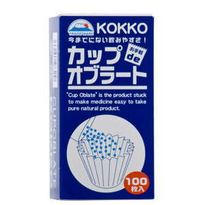 Box of Kokko Cup Oblate – blue and white packaging with Japanese and English text, showing a diagram of edible starch cups used for powders or supplements.