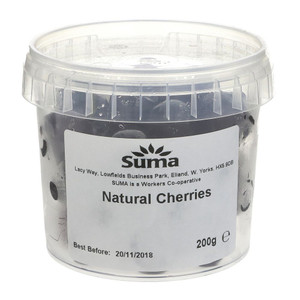 200g tub of Suma Cherries Glace Bright Red, natural candied cherries ideal for baking, cake decorating, and festive recipes. 200g tub of Suma Cherries Glace Bright Red, natural candied cherries ideal for baking, cake decorating, and festive recipes.