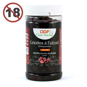 Jar of Morello Cherries in Kirsch 1L by DGF, featuring dark sour cherries preserved in kirsch liqueur, ideal for desserts, baking, and cocktails.