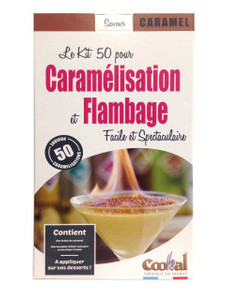 Cookal Elixir Caramel Caramelisation Kit packaging showing 50 doses for crème brûlée and flambé desserts, with illustrated instructions.
