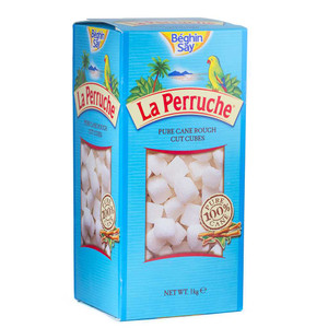 La Perruche White Sugar Cubes 1kg box with artisanal cane sugar lumps in blue packaging – ideal for tea, coffee, and dessert serving.
