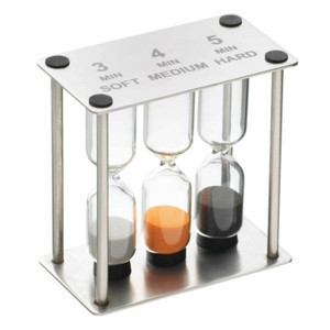 Shop the MasterClass Professional Stainless Steel Triple Sand Timer. Three chambers for 3, 4 and 5 minutes, perfect for soft, medium or hard boiled eggs. Shop the MasterClass Professional Stainless Steel Triple Sand Timer. Three chambers for 3, 4 and 5 minutes, perfect for soft, medium or hard boiled eggs.