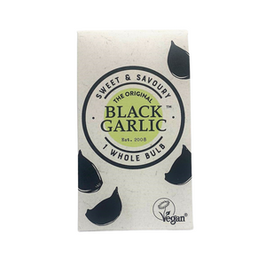 Box of The Original Black Garlic 1 Whole Bulb with simple white and black design Box of The Original Black Garlic 1 Whole Bulb with simple white and black design