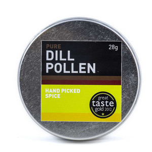 Round tin of Global Harvest Pure Dill Pollen 28g with a brushed metal finish and a black, red, and yellow label stating 'Hand Picked Spice' and 'Great Taste Gold 2012' award