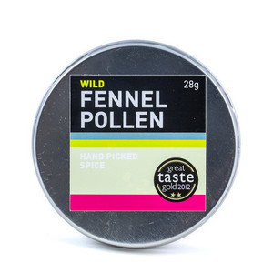 Tin of Global Harvest Wild Fennel Pollen 28g with resealable lid and Great Taste award label for premium seasoning and garnish use Tin of Global Harvest Wild Fennel Pollen 28g with resealable lid and Great Taste award label for premium seasoning and garnish use