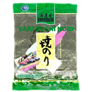 Kaitatuya Yaki Sushi Nori Roasted Seaweed 10 sheet pack in green packaging used for homemade sushi rolls hand rolls and Japanese rice dishes Kaitatuya Yaki Sushi Nori Roasted Seaweed 10 sheet pack in green packaging used for homemade sushi rolls hand rolls and Japanese rice dishes