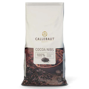 Front of Callebaut Cocoa Nibs 800g bag showing product branding and “100% cocoa” label. Image highlights nib texture and premium Belgian packaging. Front of Callebaut Cocoa Nibs 800g bag showing product branding and “100% cocoa” label. Image highlights nib texture and premium Belgian packaging.