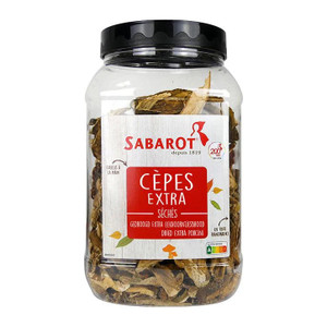 Sabarot Dried Porcini Mushrooms 500g jar with black lid and red label featuring the brand name and product details. Sabarot Dried Porcini Mushrooms 500g jar with black lid and red label featuring the brand name and product details.