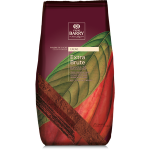 Front of Cacao Barry Callebaut Cocoa Powder Extra Brute 1kg bag, showing rich burgundy and green packaging with product details and cocoa powder imagery. Front of Cacao Barry Callebaut Cocoa Powder Extra Brute 1kg bag, showing rich burgundy and green packaging with product details and cocoa powder imagery.