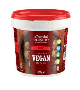 Essential Cuisine Vegan Beef Flavoured Stock Mix 800g. A robust plant-based stock with rich beef-style flavour. Yields up to 50 litres, perfect for soups and sauces. Essential Cuisine Vegan Beef Flavoured Stock Mix 800g. A robust plant-based stock with rich beef-style flavour. Yields up to 50 litres, perfect for soups and sauces.