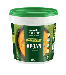 Essential Cuisine Vegan Vegetable Stock Mix 800g. A balanced, plant-based stock yielding up to 50 litres. Perfect for soups, sauces, couscous, and tagines. Essential Cuisine Vegan Vegetable Stock Mix 800g. A balanced, plant-based stock yielding up to 50 litres. Perfect for soups, sauces, couscous, and tagines.