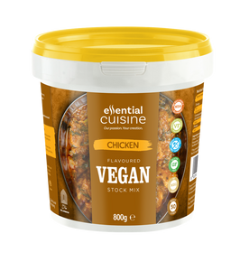 Essential Cuisine Vegan Chicken Flavoured Stock Mix 800g. A plant-based stock with subtle chicken-style flavour. Dissolves instantly. Yields up to 50 litres. Essential Cuisine Vegan Chicken Flavoured Stock Mix 800g. A plant-based stock with subtle chicken-style flavour. Dissolves instantly. Yields up to 50 litres.