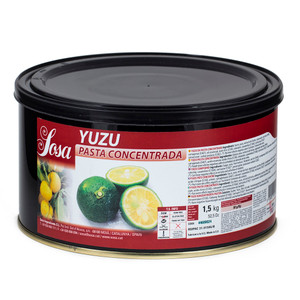 Tub of Sosa Concentrated Yuzu Paste 1.5kg with product label showing sliced yuzu fruit and ingredient details. Tub of Sosa Concentrated Yuzu Paste 1.5kg with product label showing sliced yuzu fruit and ingredient details.