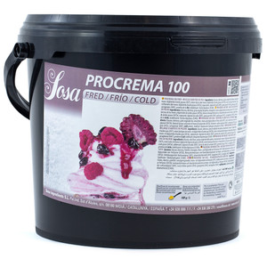 Black tub of Sosa Procrema 100 Cold 3kg with product label showing raspberry dessert and detailed usage information. Black tub of Sosa Procrema 100 Cold 3kg with product label showing raspberry dessert and detailed usage information.