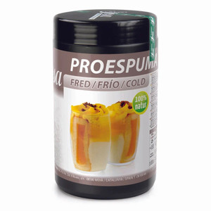 Sosa Proespuma Cold 700g container with a label showing a layered dessert topped with cold foam, designed for use in cold foam and espuma recipes. Sosa Proespuma Cold 700g container with a label showing a layered dessert topped with cold foam, designed for use in cold foam and espuma recipes.