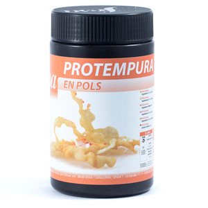A 300g container of Sosa Protempura tempura batter mix, featuring an image of golden crispy tempura on the front label. A 300g container of Sosa Protempura tempura batter mix, featuring an image of golden crispy tempura on the front label.