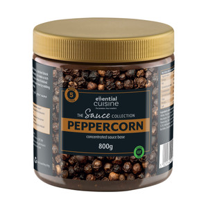 Buy Essential Cuisine Peppercorn Sauce Base 800g. Premium blend with beef, veal, pepper, and brandy. Quick, versatile, and makes up to 5 litres of sauce. Buy Essential Cuisine Peppercorn Sauce Base 800g. Premium blend with beef, veal, pepper, and brandy. Quick, versatile, and makes up to 5 litres of sauce.
