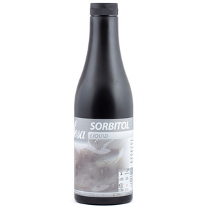 Bottle of Sosa Sorbitol 1.3kg liquid sweetener with a black cap and grey label, used for moisture control in baking, chocolate and confectionery. Bottle of Sosa Sorbitol 1.3kg liquid sweetener with a black cap and grey label, used for moisture control in baking, chocolate and confectionery.