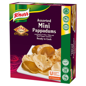 Knorr Patak’s Mini Pappadums 1kg with plain, tikka masala and black pepper flavours. Around 750 light, crispy pappadums. Perfect for catering and sharing platters. Knorr Patak’s Mini Pappadums 1kg with plain, tikka masala and black pepper flavours. Around 750 light, crispy pappadums. Perfect for catering and sharing platters.
