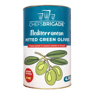 Chefs Brigade Mediterranean Pitted Green Olives 4.1kg. Firm, savoury olives in brine for salads, pizza, pasta and antipasti. Convenient pitted olives for everyday cooking. Chefs Brigade Mediterranean Pitted Green Olives 4.1kg. Firm, savoury olives in brine for salads, pizza, pasta and antipasti. Convenient pitted olives for everyday cooking.