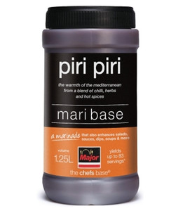Major Piri Piri Mari Base 1.25L. Spicy marinade with chilli, garlic and citrus. Ideal for piri piri chicken, seafood and roasted vegetables. Suitable for grilling and batch cooking.