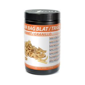 A plastic container of Sosa Wheat Air Bag Grain 750g with an orange label showing crispy puffed granules and product information. A plastic container of Sosa Wheat Air Bag Grain 750g with an orange label showing crispy puffed granules and product information.