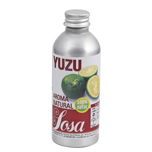 Sosa Aroma Yuzu 50g aluminium bottle with label showing sliced yuzu fruit and "100% natural" badge.