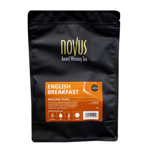 Novus English Breakfast Tea x 100 pyramid bags. A full-bodied, premium black tea blend offering a rich, smooth and satisfying everyday brew.