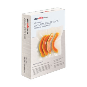 Pack of 100 embossed 200 x 300mm vacuum sealer bags for sous vide cooking, freezing, and food storage. BPA free and compatible with home vacuum sealers. Pack of 100 embossed 200 x 300mm vacuum sealer bags for sous vide cooking, freezing, and food storage. BPA free and compatible with home vacuum sealers.