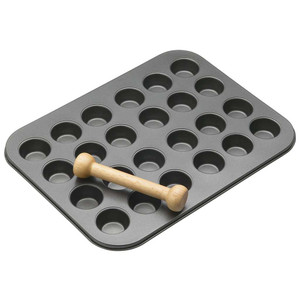 MasterClass Non Stick 24 Hole Mini Tin with wooden pastry press. Ideal for baking mini tarts, quiches and pastries with easy release and even cooking.