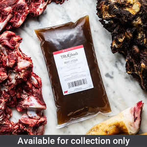 Truefoods Beef Stock 2.5kg is a clear British beef bone stock with no added salt, ideal for sauces, jus, soups, stews and bolognese.