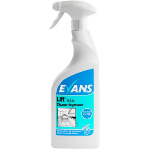 Evans Lift Unperfumed Kitchen Degreaser 750ml cuts through grease and grime on kitchen surfaces with a no scent formula for professional results.