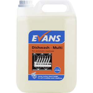 Evans Dishwash Multi Liquid 5L is a low foaming automatic dishwasher detergent that cuts grease and grime for sparkling clean results in professional kitchens.