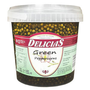 Delicias Green Peppercorns in Brine 1.65kg whole peppercorns with fresh mild flavour. Ideal for steak sauces marinades pâté and classic cooking.