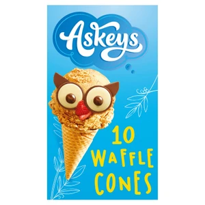 Askeys 10 Waffle Cones, crisp, golden cones perfect for ice cream and frozen desserts. Classic shape with a light, sweet crunch.
