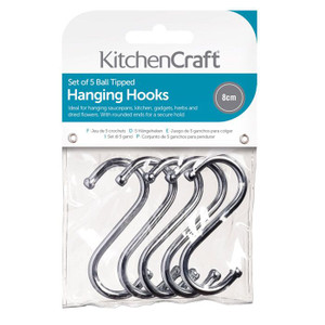 KitchenCraft Pack of 5 8cm Chrome ‘S’ Hooks, durable hooks for hanging utensils, pans and kitchen accessories. No installation needed.