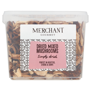 Merchant Gourmet Dried Mixed Mushrooms 400g. A rich blend of oyster, shiitake and porcini for risotto, pasta and flavourful dishes.