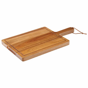Chicago Acacia Board & Leather Strap 11.75 x 9". Durable acacia wood serving board ideal for cheese, charcuterie, bread and food presentation.
