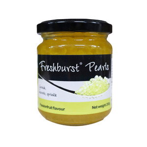Buy Freshburst Passionfruit Pearls 200g. Bursting fruit pearls for cocktails, desserts, cheesecakes, ice cream, pancakes and tropical drinks with vibrant passionfruit flavour.