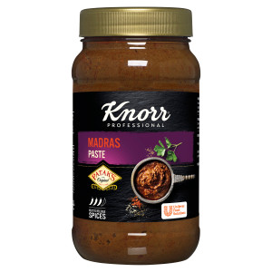 Buy Knorr Professional Patak's Madras Paste 1.1kg. Medium-hot curry paste with cumin and chilli for authentic Indian-inspired curries, marinades and sauces.