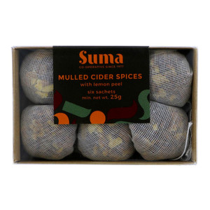 Suma Mulled Cider Spices 25g contains 6 handy spice pouches with cinnamon, lemon, allspice and cloves for easy homemade mulled cider or apple juice.