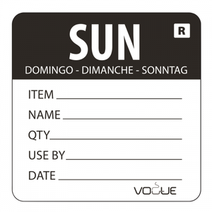 Hygiplas Dissolvable Food Rotation Labels Sunday x 500 are 2 x 2 inch labels for clear food rotation, stock control and reusable food containers.
