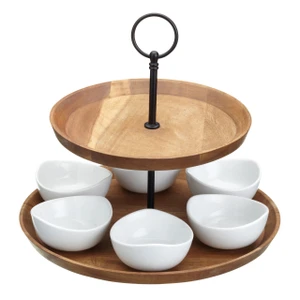Artesa Appetiser Two Tier Serving Set with acacia wood tiers and six porcelain bowls, perfect for tapas, antipasti, cheese, dips and entertaining.