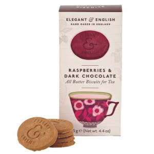 Elegant & English GF Raspberries & Dark Chocolate Biscuits 6 Pack combine fruity raspberry and rich dark chocolate in crisp 125g boxed biscuits.