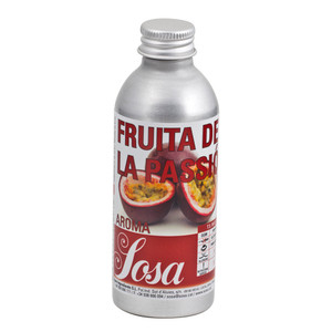 Sosa Aroma Passion Fruit 50g aluminium bottle with label showing halved passion fruits and red text. Sosa Aroma Passion Fruit 50g aluminium bottle with label showing halved passion fruits and red text.