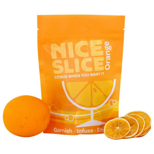 Bright orange pouch of Nice Slice Dried Orange Slices 250g with a whole orange and several dehydrated orange slices shown in front, ideal for garnishing drinks or desserts. Bright orange pouch of Nice Slice Dried Orange Slices 250g with a whole orange and several dehydrated orange slices shown in front, ideal for garnishing drinks or desserts.