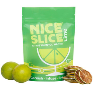 A pouch of Nice Slice Dried Lime Slices 250g displayed alongside whole limes and a stack of dried lime wheels, ideal for garnishing and infusing drinks. A pouch of Nice Slice Dried Lime Slices 250g displayed alongside whole limes and a stack of dried lime wheels, ideal for garnishing and infusing drinks.